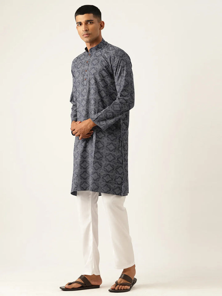 Midnight Opulence Navy Blue Printed Kurta Pajama Sets for Men's Timeless Elegance