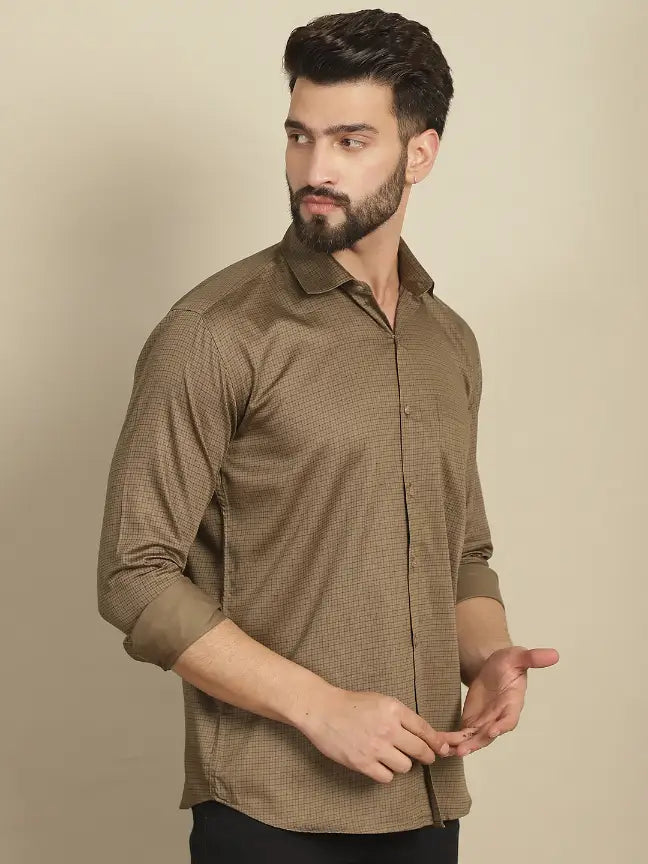 Brown Pure Cotton Checked Casual Shirt for Men