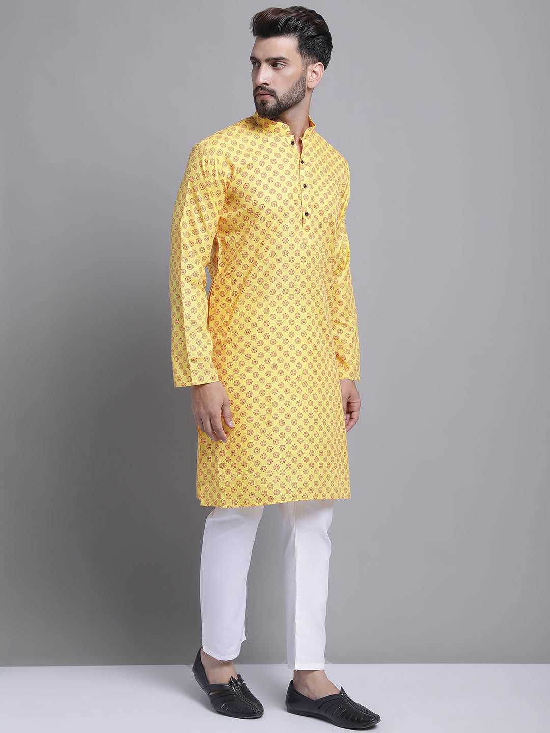 Men's Cotton Blend Regular Yellow Kurta With Pyjama.