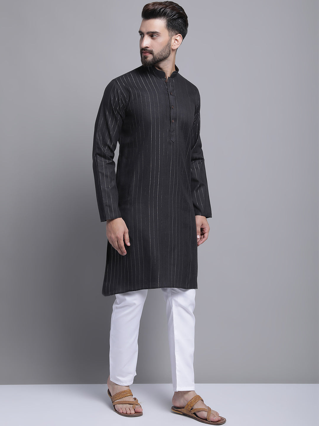 Men's Lining Cotton Regular Black Kurta With Pajamas.