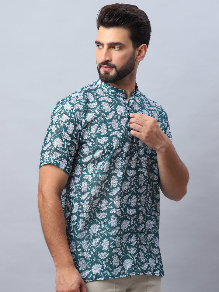 Green & White Floral Printed Cotton Half Sleeves Kurta for Men