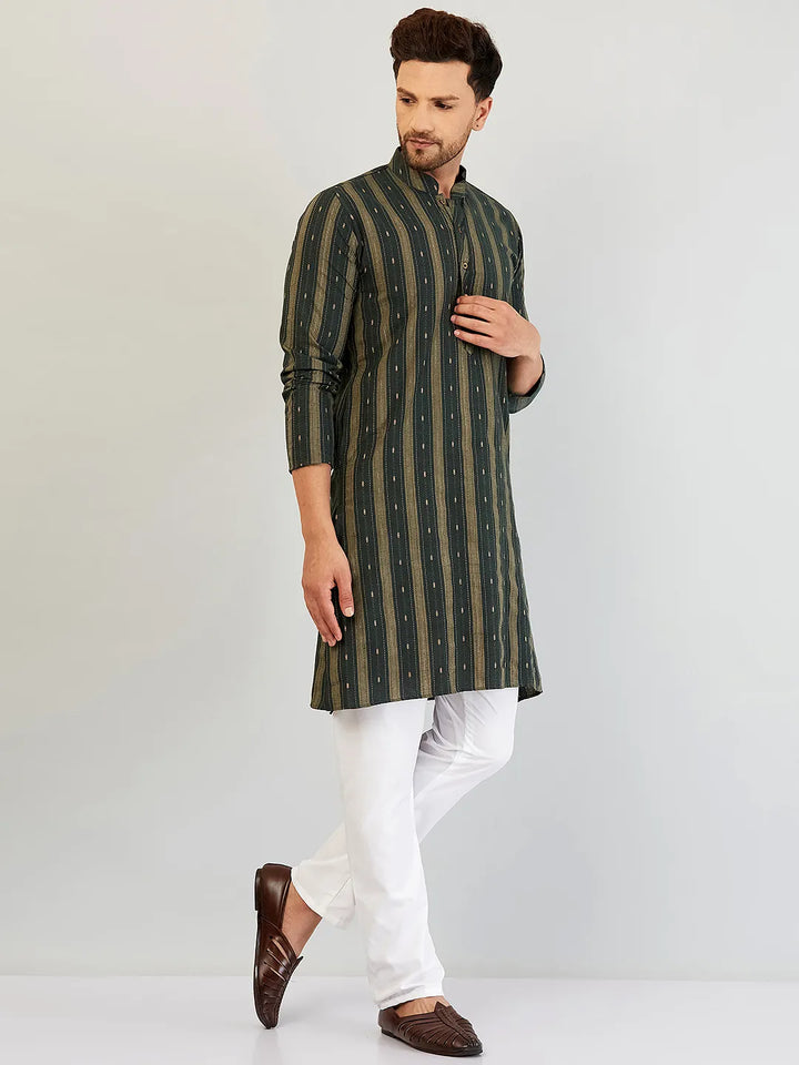 Emerald Elegance Self-Design Cotton Kurta Pyjama Set for Men