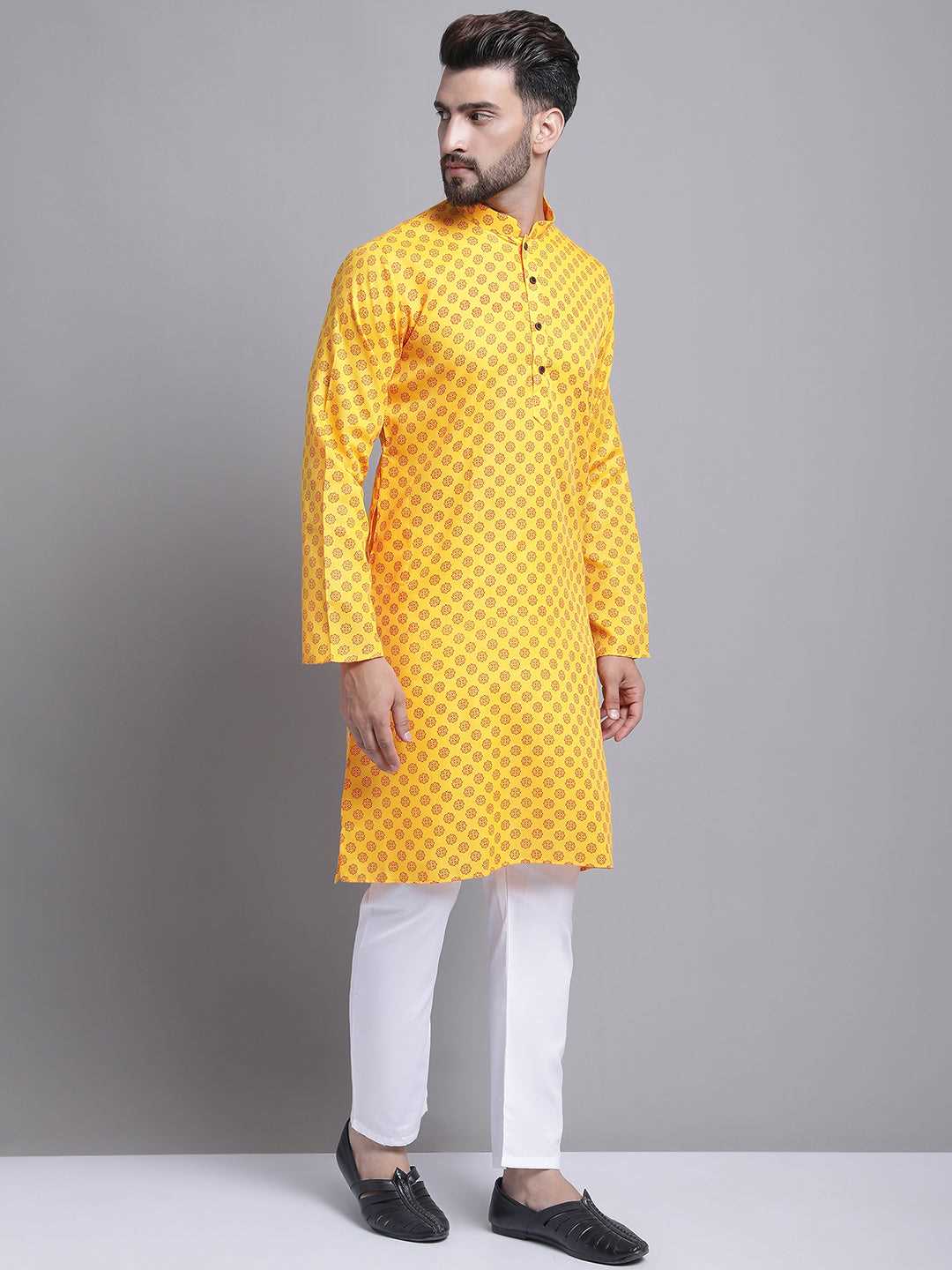 Men's Cotton Blend Regular Yellow Kurta With Pyjama.