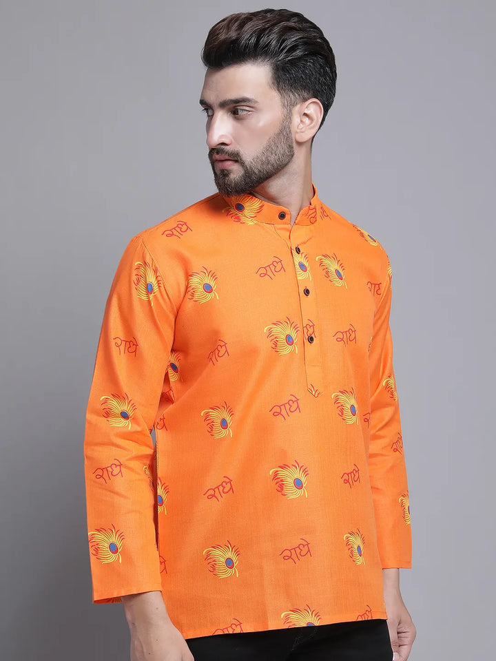 Orange Radhe Radhe Design Short Kurta for Men