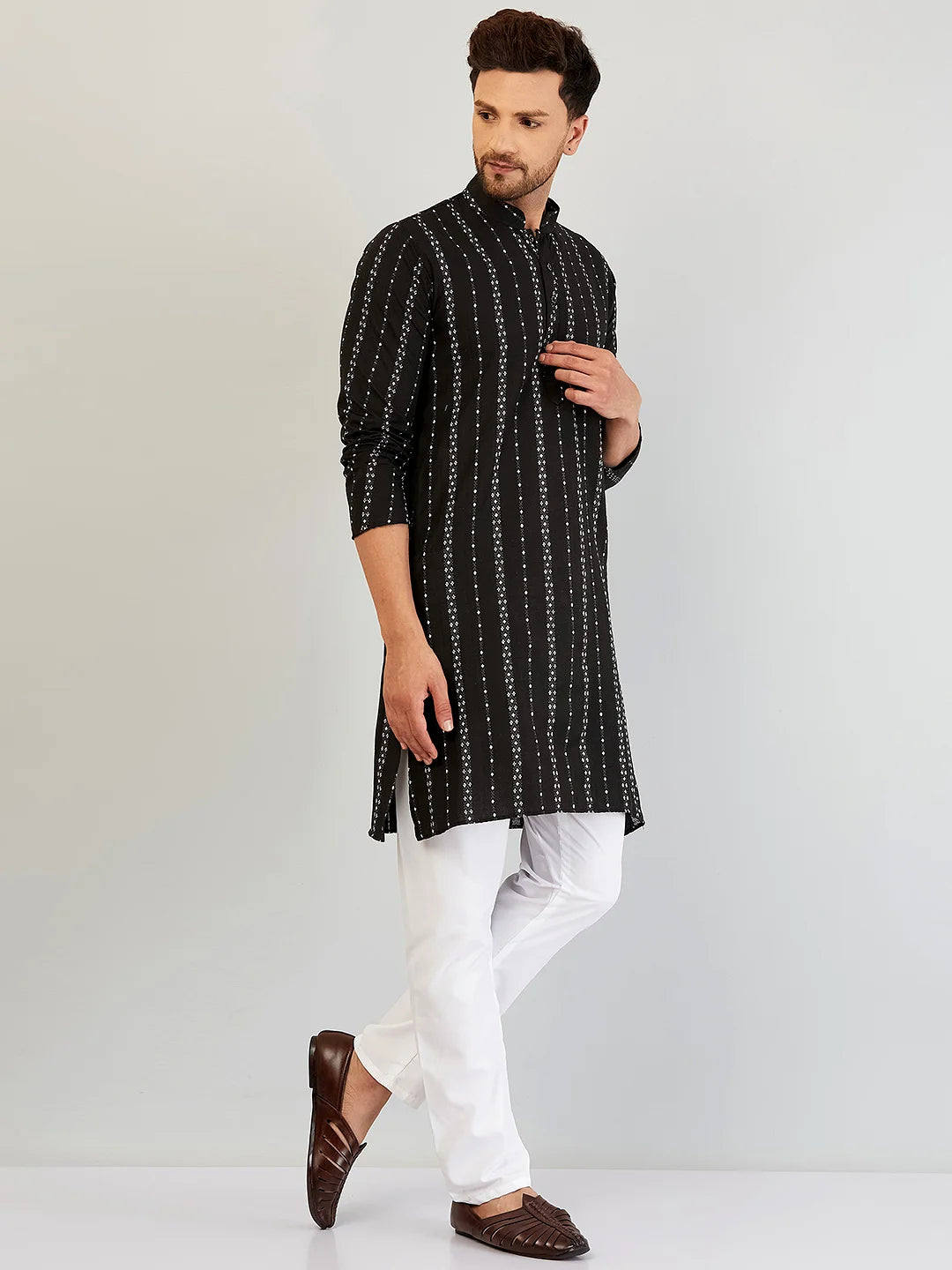 Men's Black Self Design Cotton Kurta Pajama Set