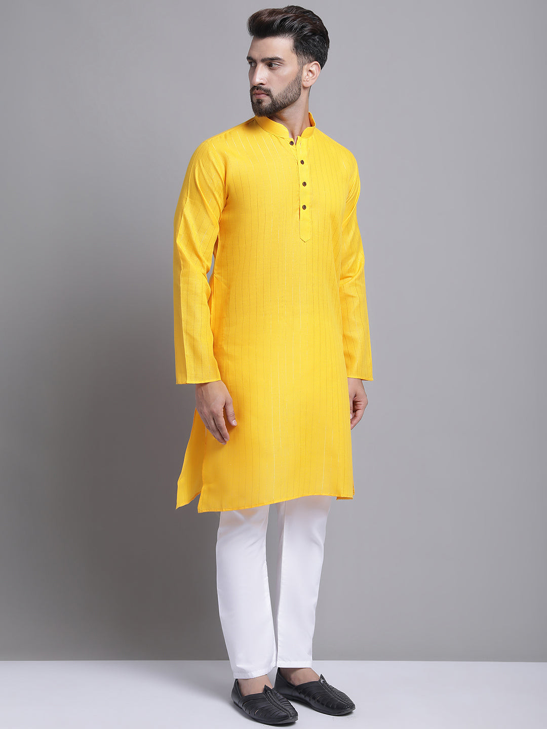 Men's Lining Cotton Regular Yellow Kurta With Pajamas.