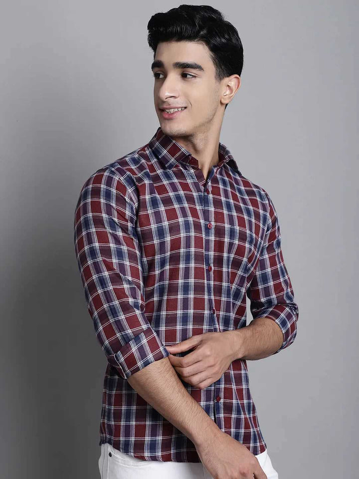 Bold Sophistication Men's Maroon Check Casual Cotton Shirt