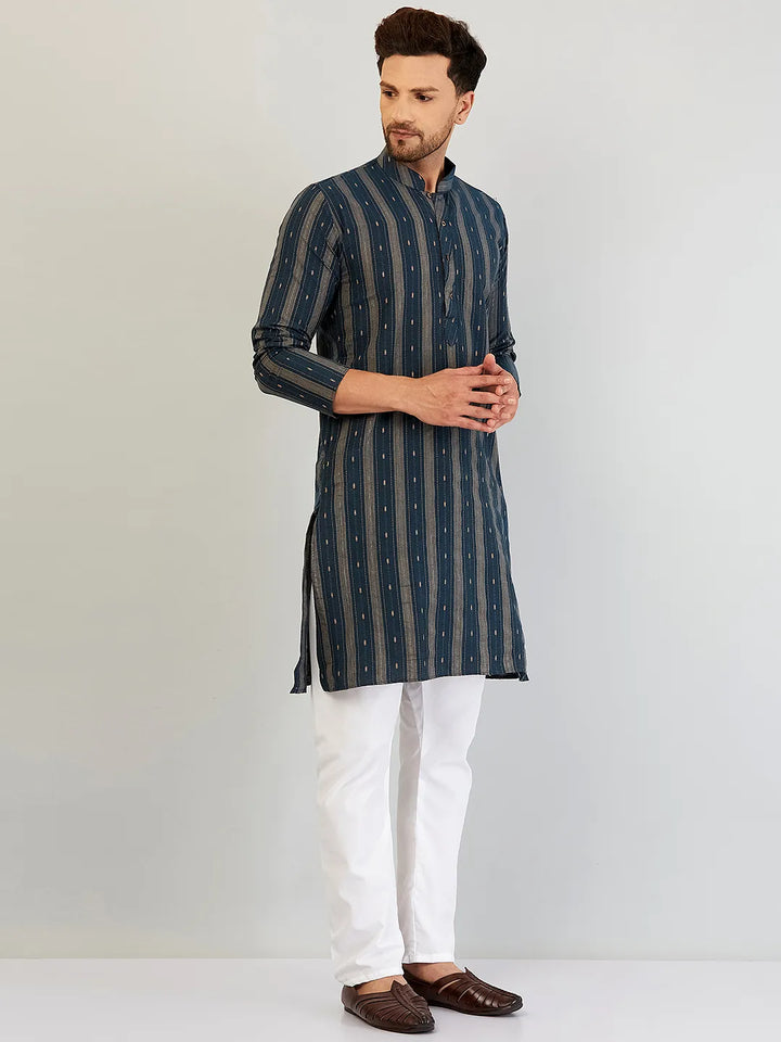 Serenade in Blue Self-Design Cotton Kurta Pyjama Set for Men – Timeless Elegance in Every Thread