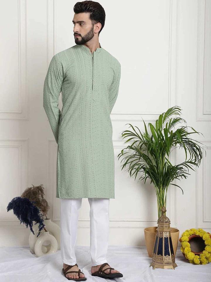 Men's Pista Chikankari Embroidered & Sequence Kurta Pant Set