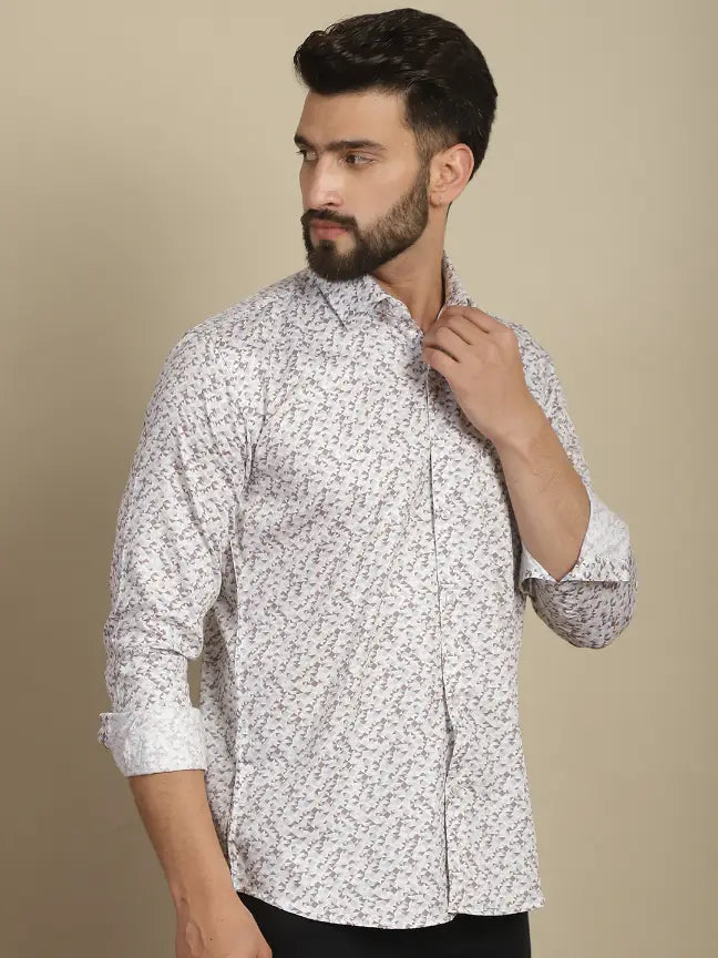 Satin Cream Pure Cotton Abstract Printed Casual Shirt for Men