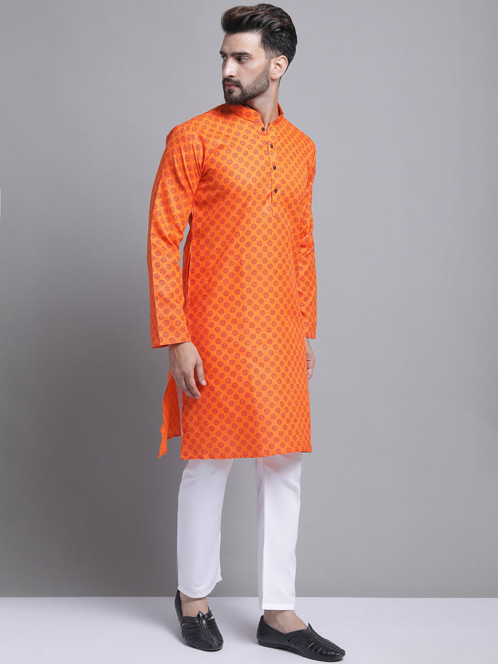 Men's Cotton Blend Regular Orange Kurta With Pyjama.