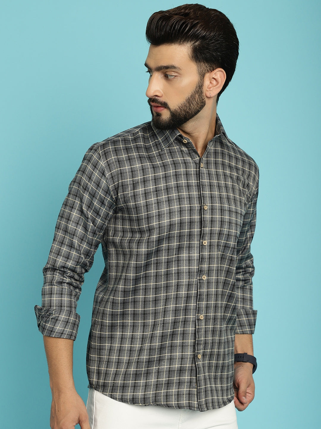 Sophisticated Elegance Discover Men's Checked Grey Cotton Shirts for Timeless Style