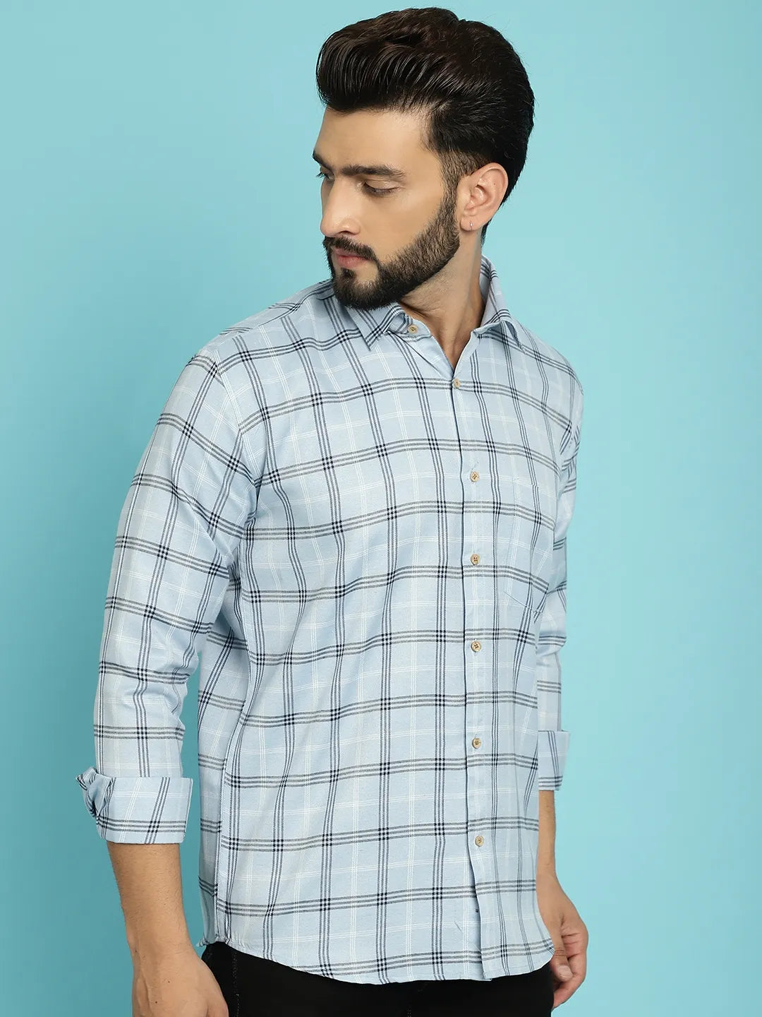 Sky Blue Sophistication Check Cotton Shirt for Men – Elevate Your Style with Timeless Charm