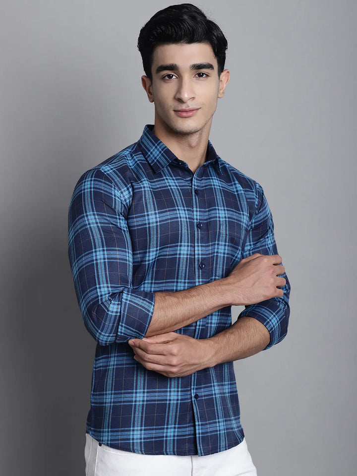 Nautical Chic Men's Navy Blue Check Casual Cotton Shirt – Timeless Checks, Contemporary Comfort