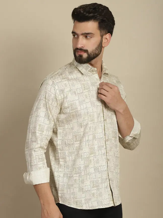 Satin Beige Pure Cotton Abstract Printed Casual Shirt for Men