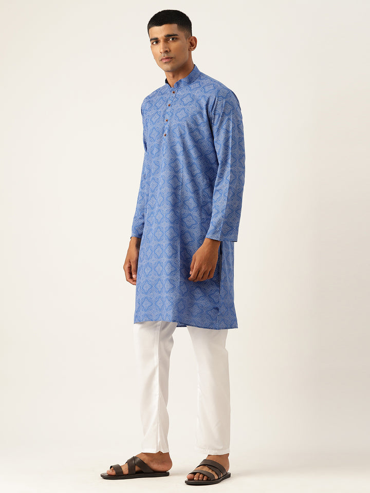 Mandarin Collar Ethnic Printed Cotton Royal Blue Regular Kurta