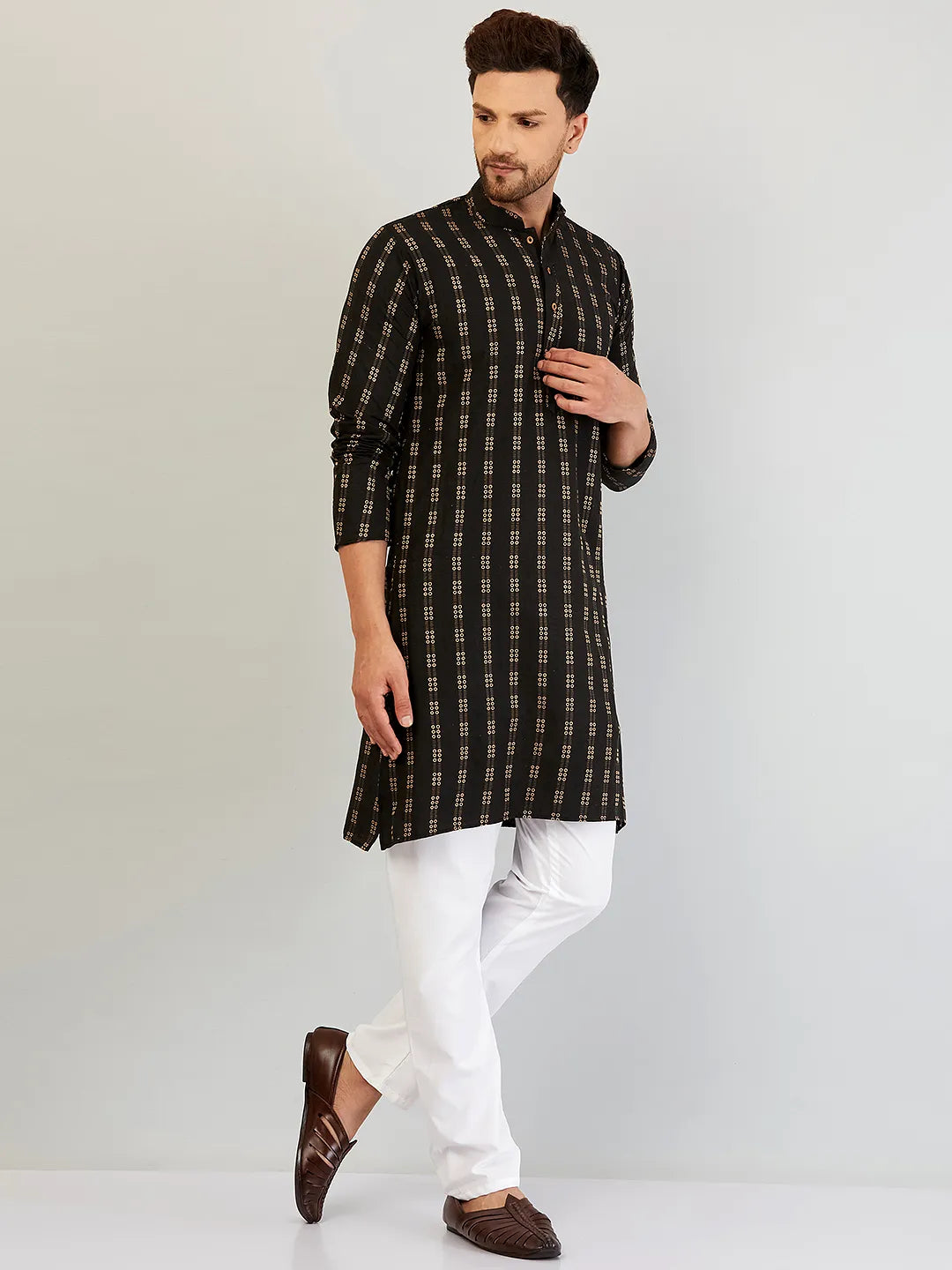 Timeless Appeal Black Self Design Cotton Kurta Pajama Set for Men – Classic Elegance in Every Thread