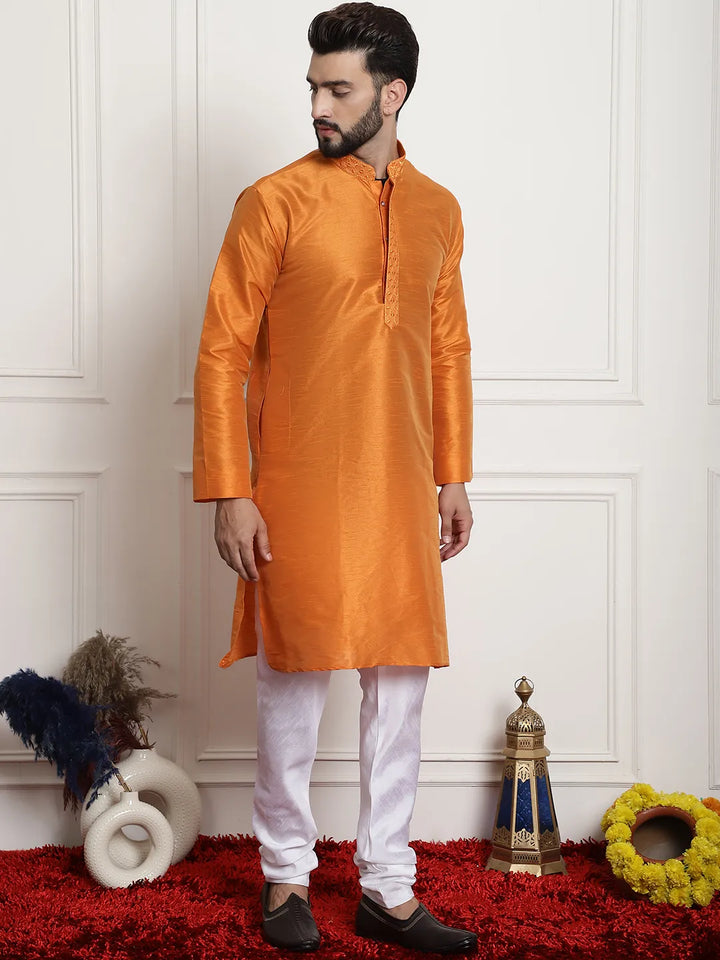 Tangerine Elegance Solid Plain Embroidered Kurta Pyjama Set for Men – Radiate Style in Captivating Orange Hues