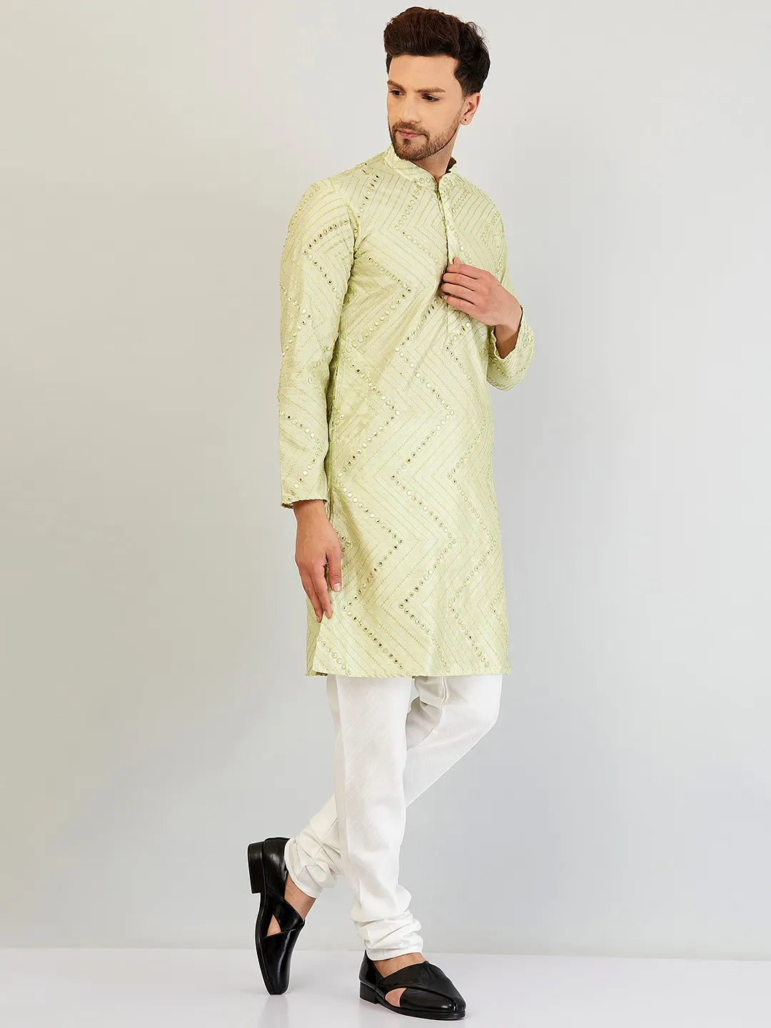 Pista Green Elegance Mirror Work Kurta for Men - Reflecting Style with Traditional Flair