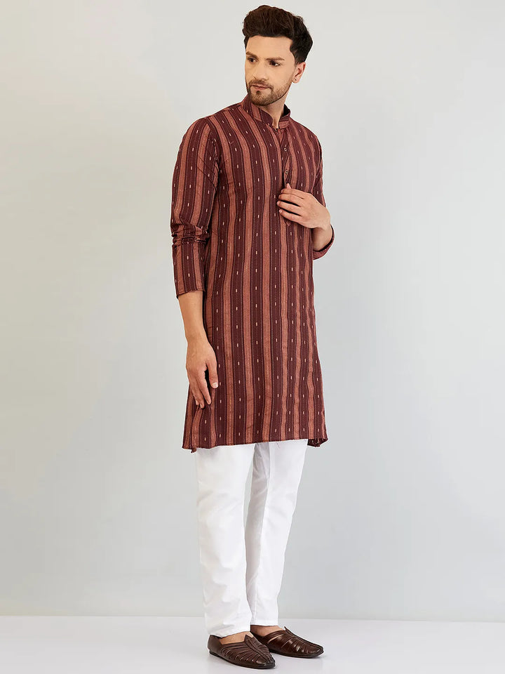 Radiant Red Self Design Cotton Kurta Pyjama Set for Men – Elevate Your Style with Timeless Elegance