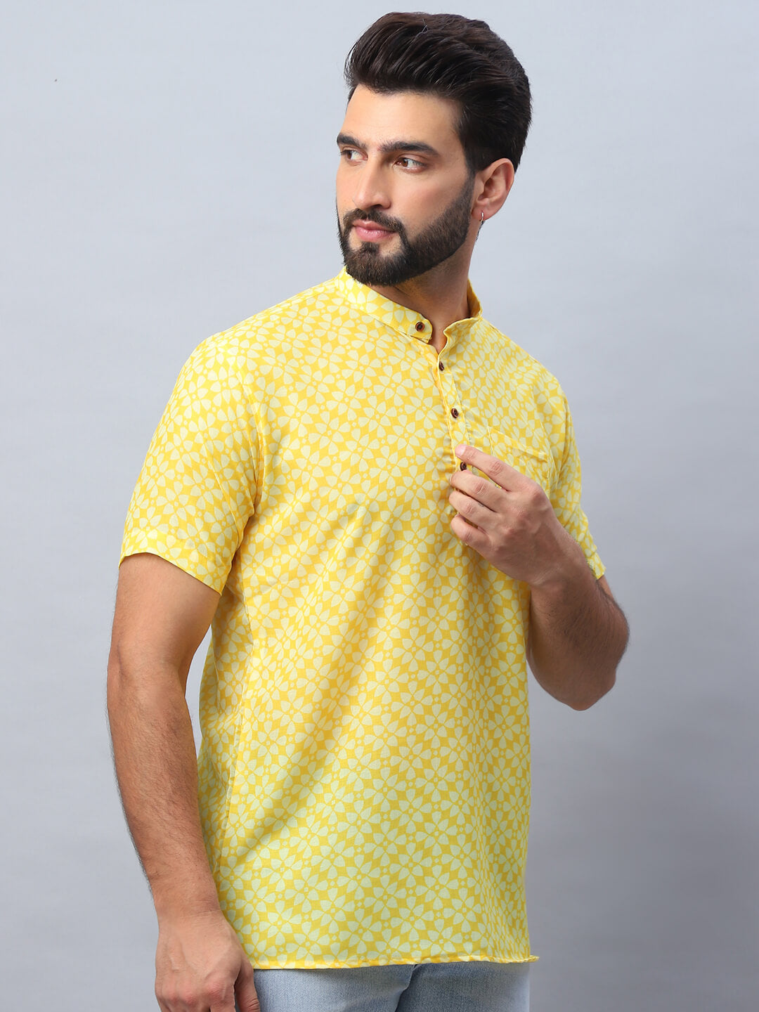 Yellow Floral Print Short Kurta for Men