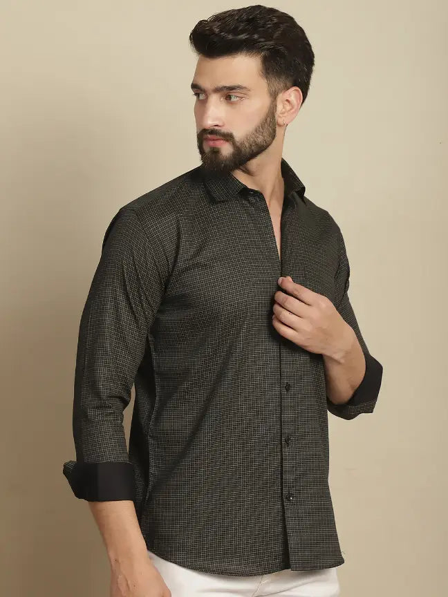 Black Pure Cotton Checked Casual Printed Shirt for Men