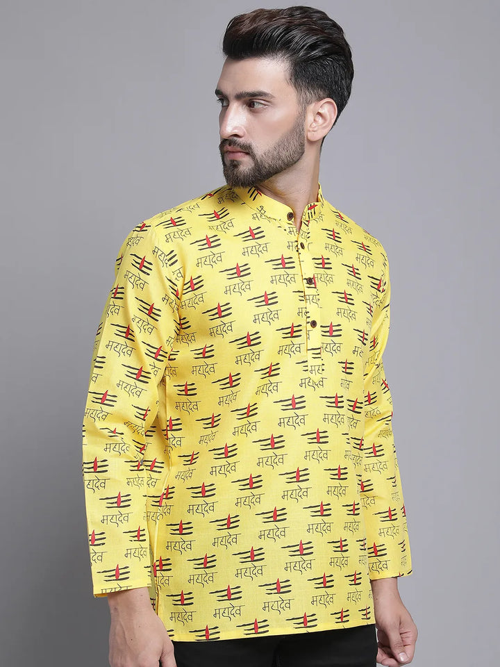 Yellow Mahadev Design Short Kurta for Men