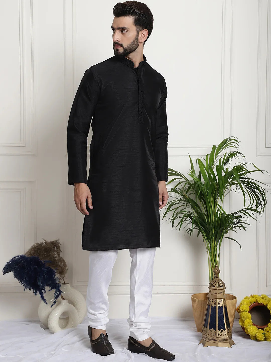 Timeless Chic Black Solid Plain Embroidered Kurta Pyjama Set for Men – Effortless Elegance in Classic Black