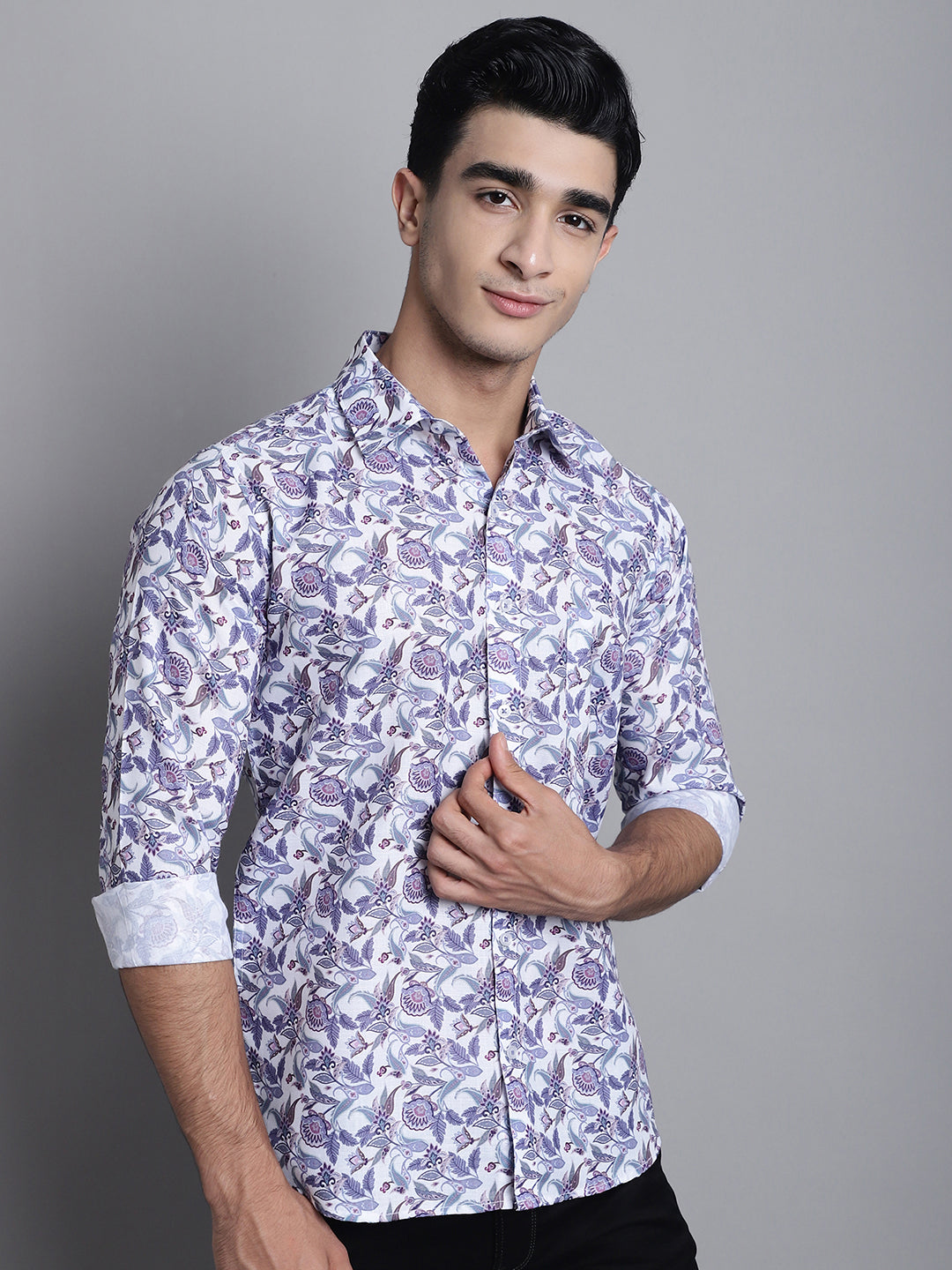 White and Blue Printed Cotton Men's Shirts for Effortless Style