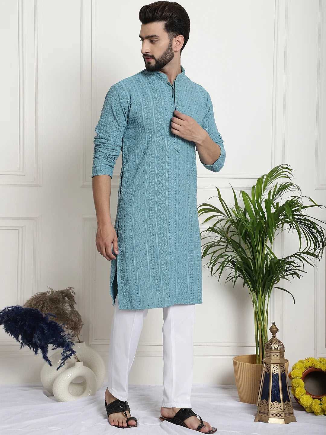 Men's Blue Chikankari Embroidered & Sequence Kurta Pant Set