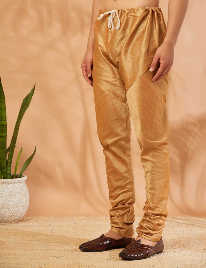 Gilded Glamour Golden Dupion Silk Churidar Pyjama for Men - Opulent Style, Timeless Sophistication