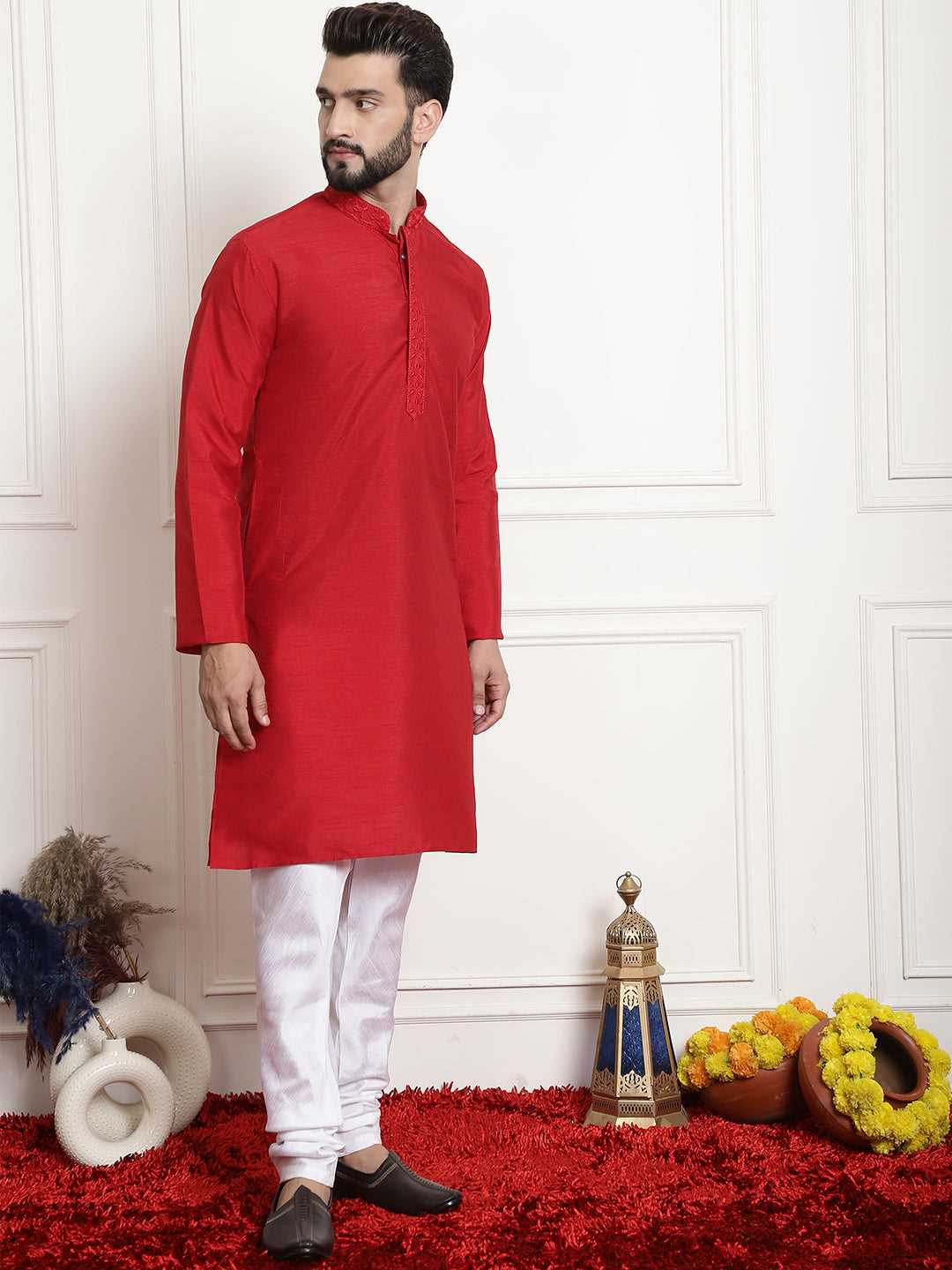 Crimson Classic Solid Plain Embroidered Kurta Pyjama Set for Men