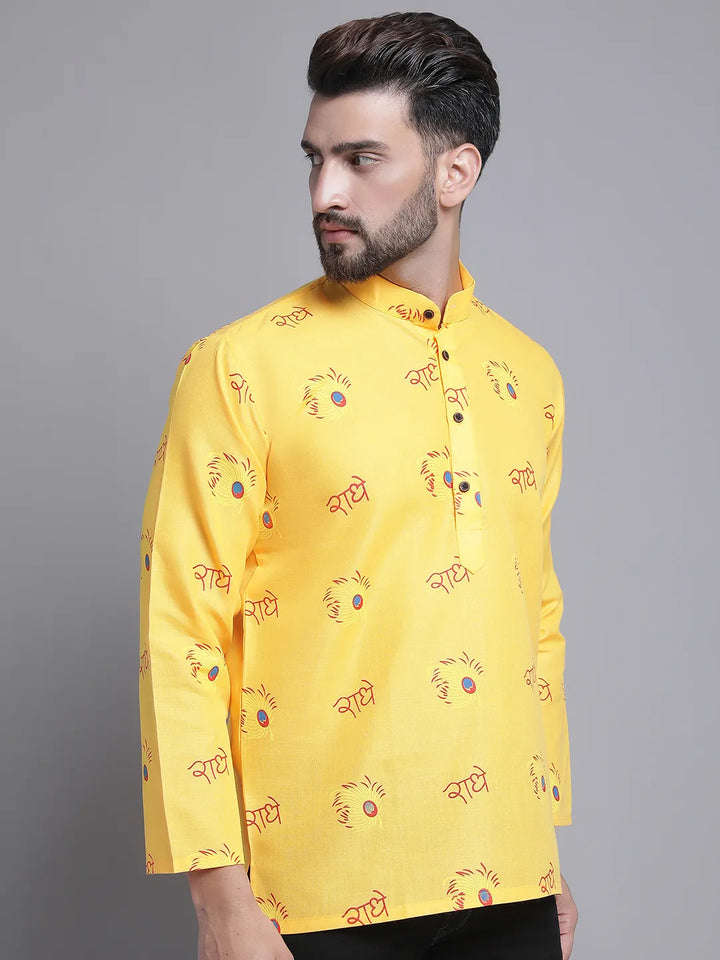 Yellow Radhe Radhe Design Short Kurta for Men