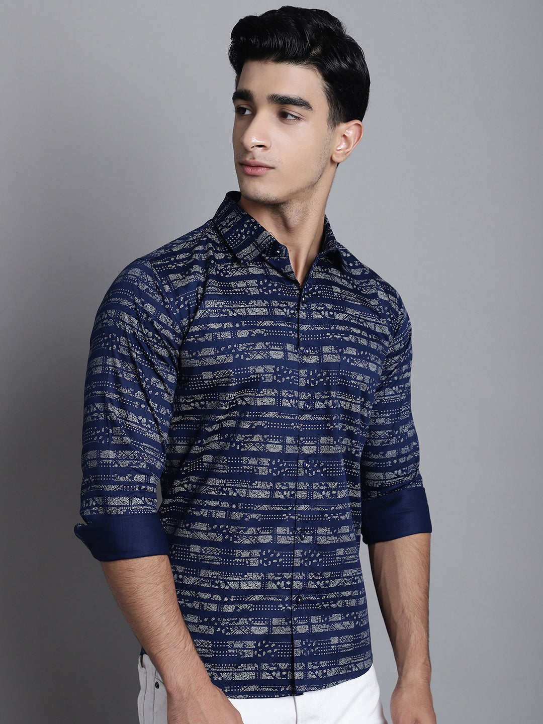 Understated Luxury Dive into Style with Our Dark Blue Printed Shirts for Men