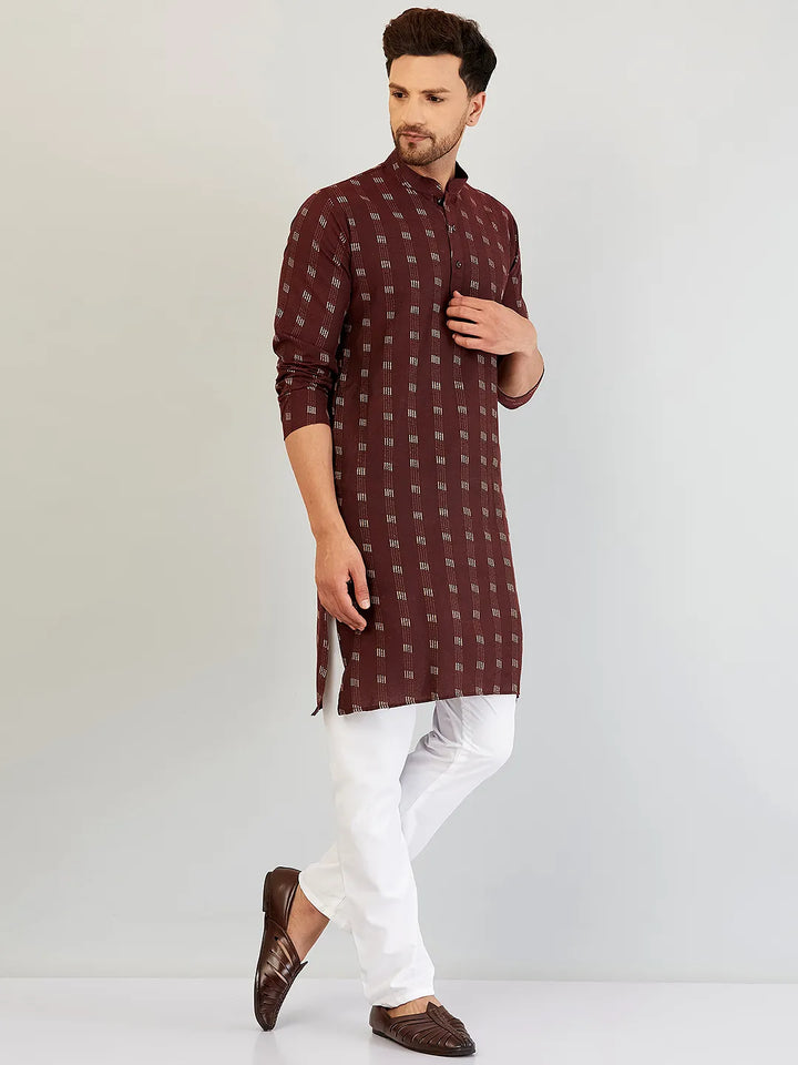 Wine Symphony Self-Design Cotton Kurta Pyjama Set for Men – Timeless Elegance in Rich Burgundy Hues