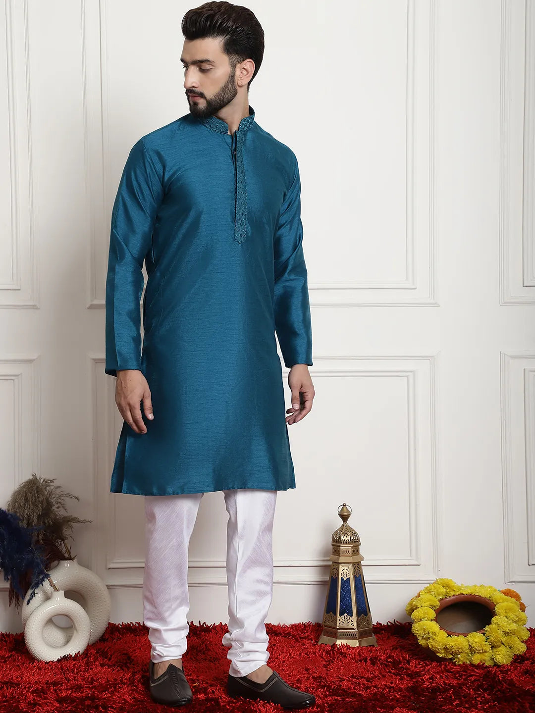 Peacock Splendor Solid Plain Embroidered Kurta Pyjama Set for Men in Stunning Peacock Blue – Timeless Elegance and Modern Sophistication