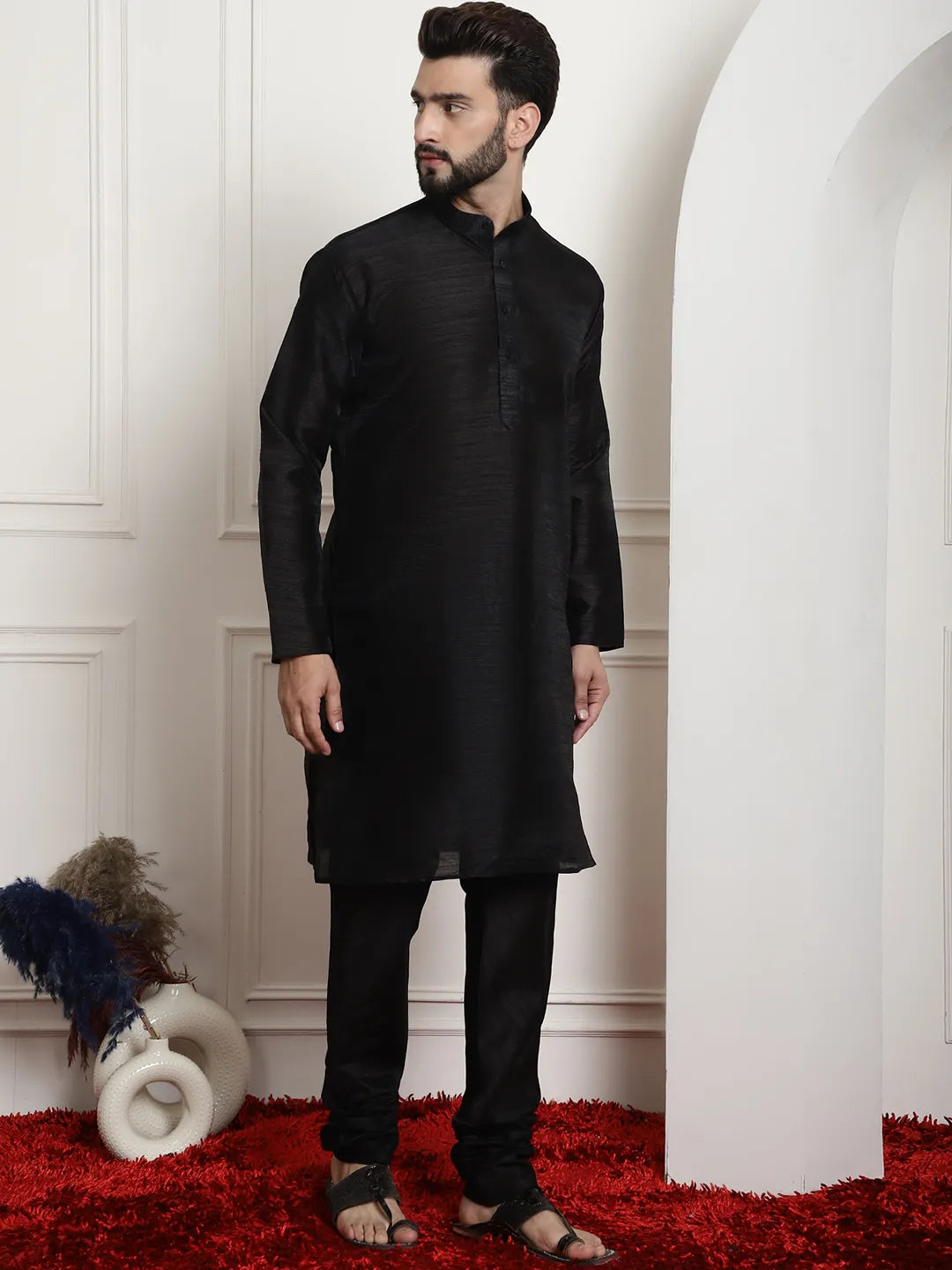 Timeless Allure Black Silk Dupion Kurta and Churidar Set - Classic Elegance for Men