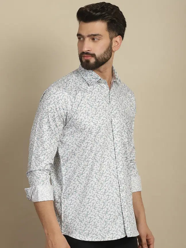 Satin White Pure Cotton Abstract Printed Casual Shirt for Men