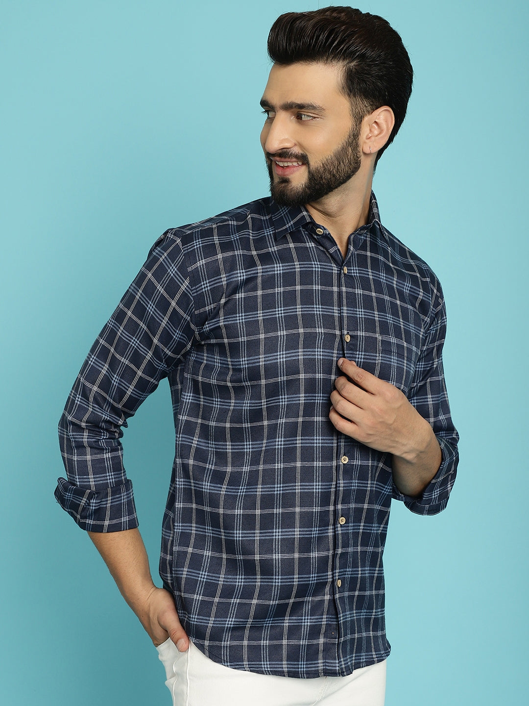 Nautical Elegance Men's Check Navy Blue Cotton Shirts for Stylish Sophistication