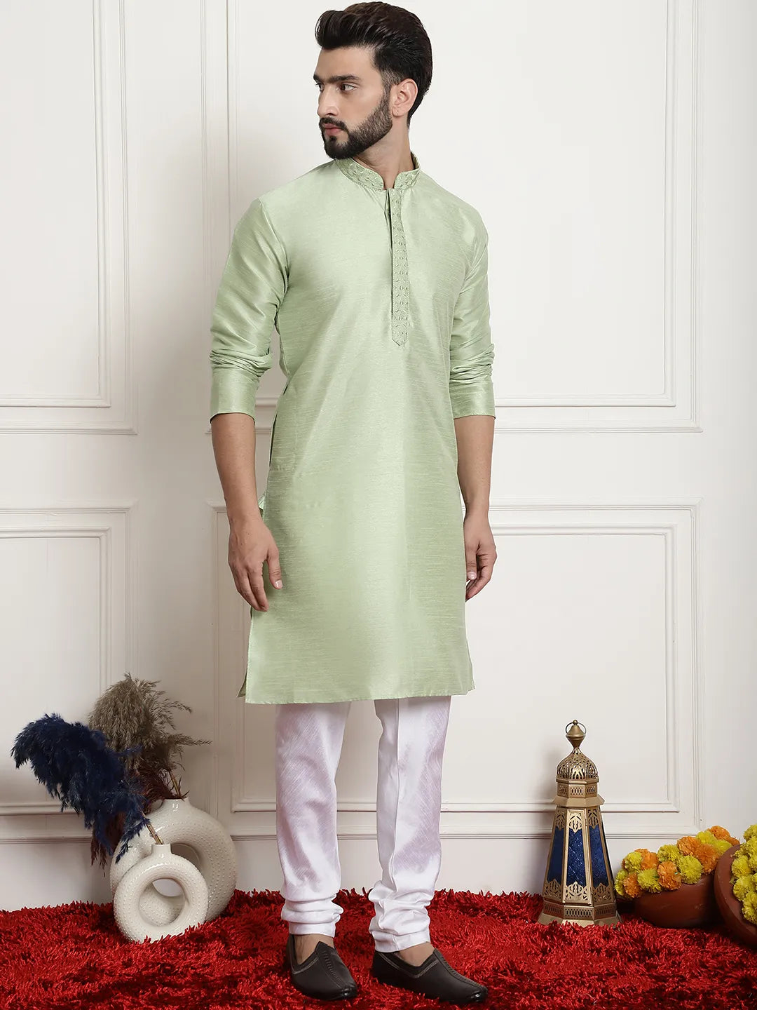 Solid Plain Embroidered Kurta Pyjama Set for Men – A Sartorial Symphony in Sublime Green