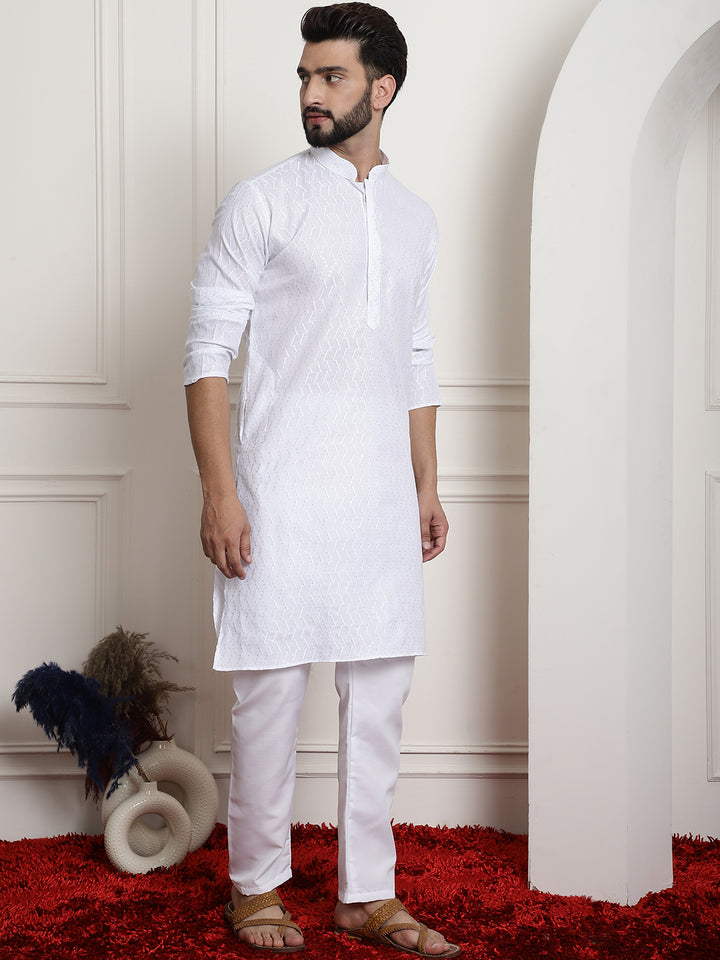 Men's White Chikankari Embroidered & Sequence Kurta