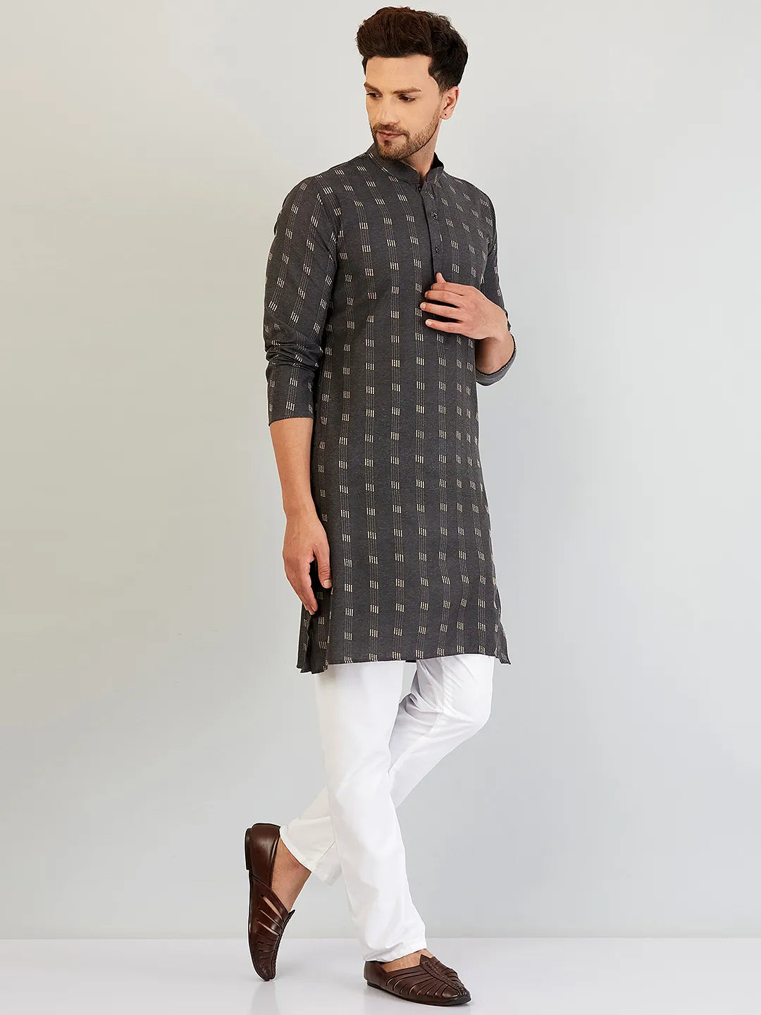 Timeless Grey Elegance Self-Design Cotton Kurta Pyjama Set for Men – Classic Sophistication in Every Thread