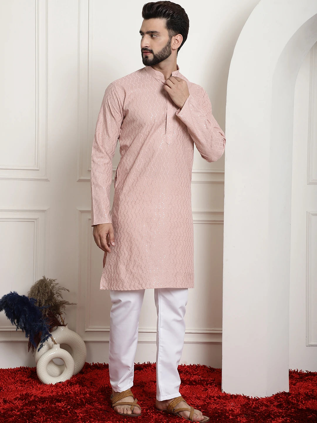 Peach Cotton Chikankari Sequence Kurta with White Pajama Set for Men