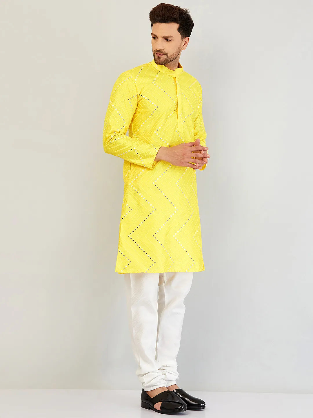 Sunny Radiance Yellow Mirror Work Kurta and Churidar Set for Men - Illuminate Every Occasion with Style