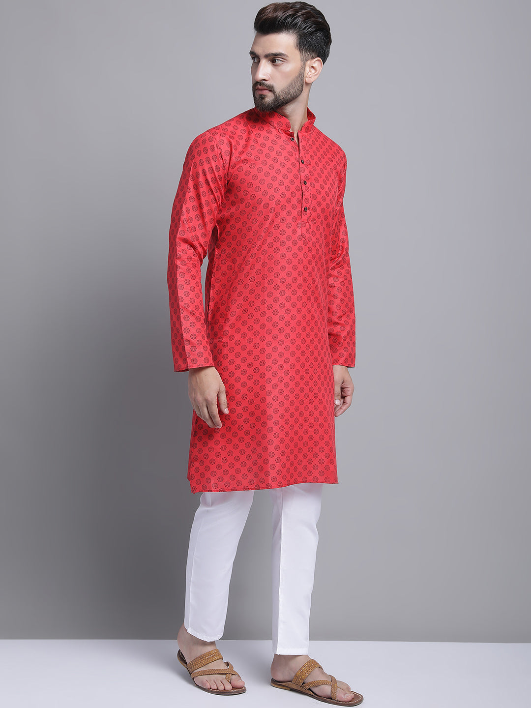 Men's Blend Cotton Printed Regular Red Kurta With Pajamas.