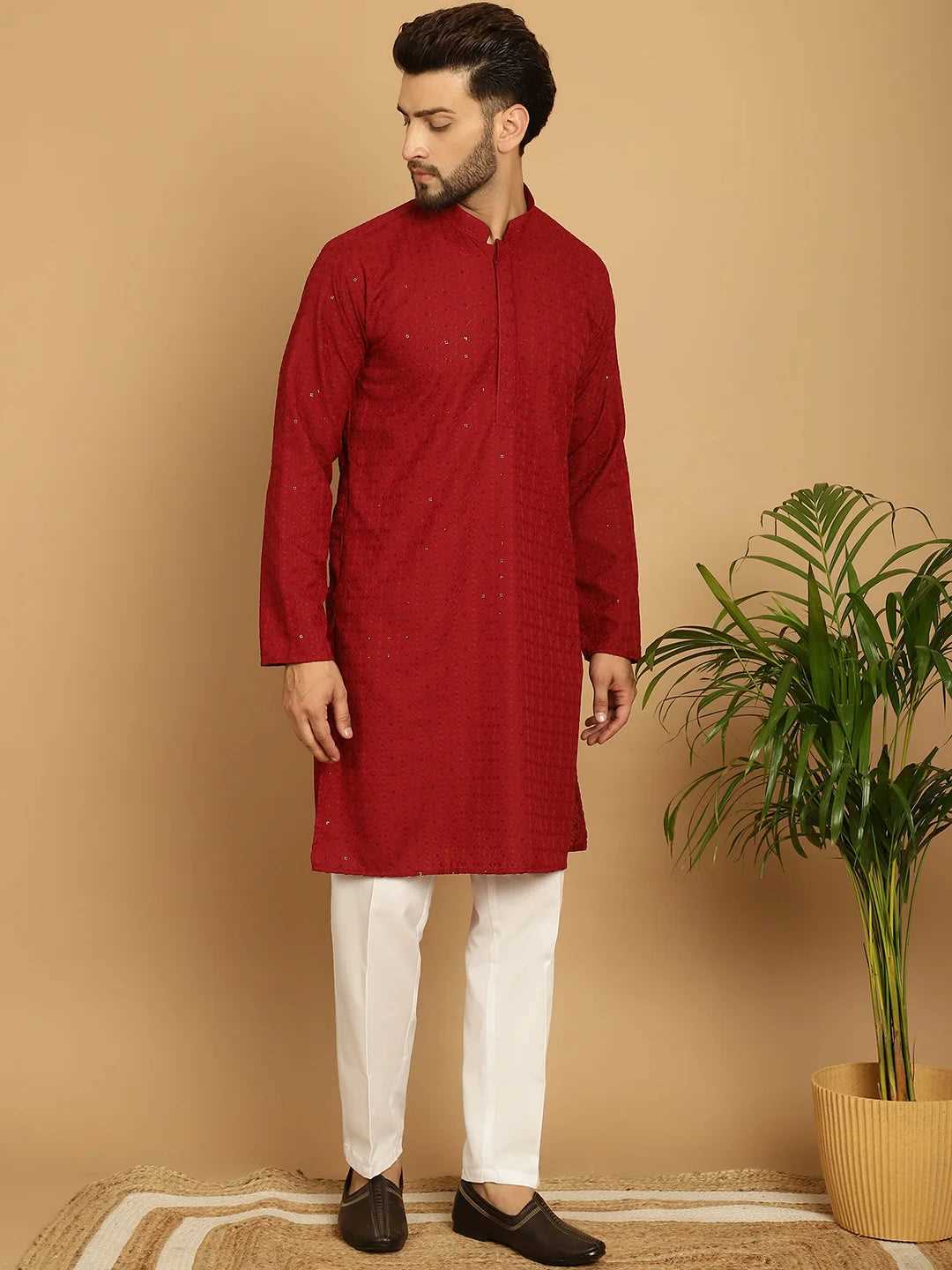 Men's Crimson Charm Red Rayon Sequence Kurta for Timeless Elegance