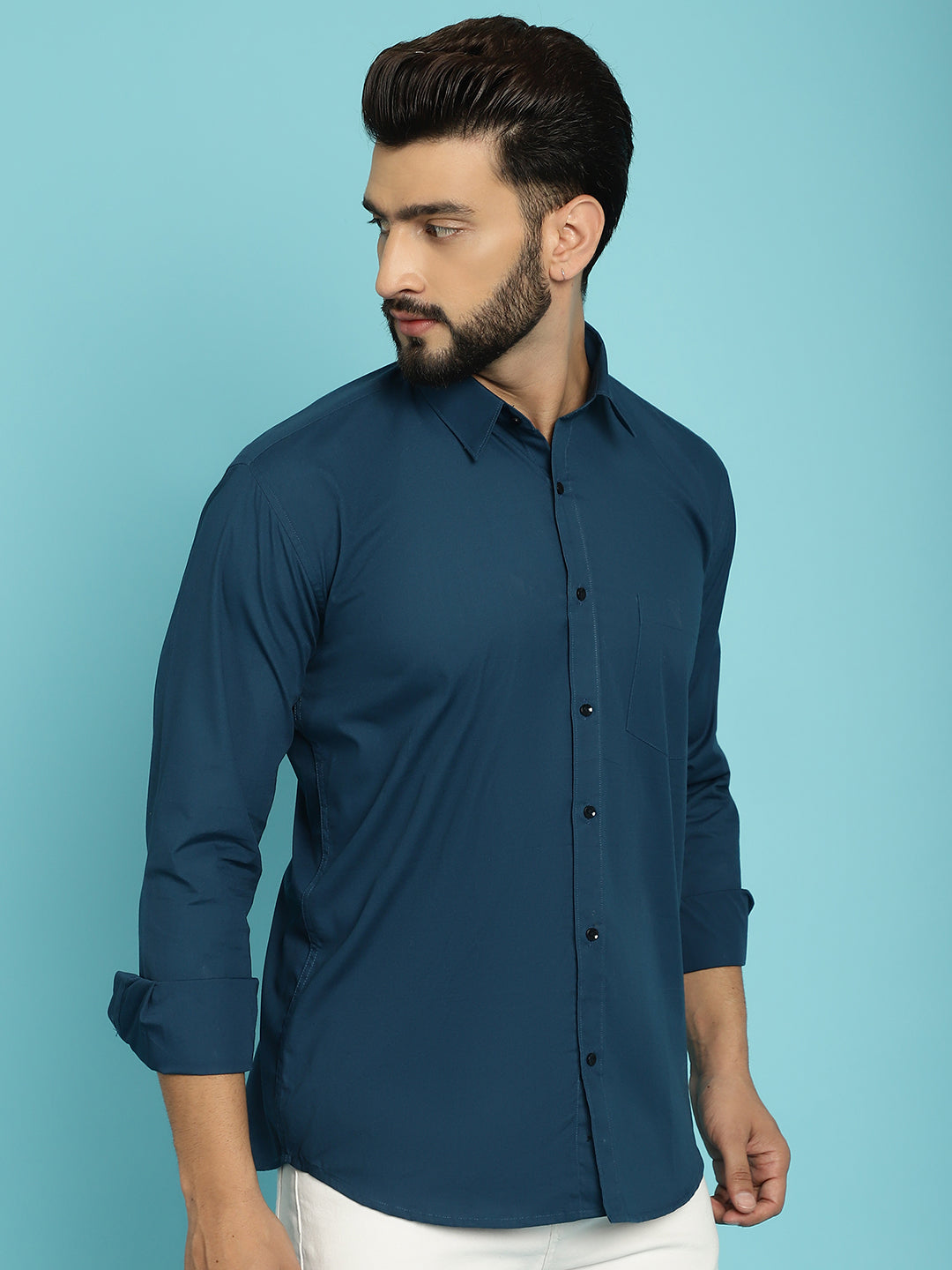 Men's Discover Effortless Elegance with Our Peacock Blue Casual Shirt