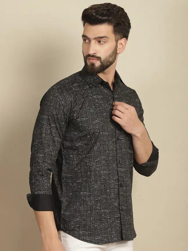 Black Pure Cotton Printed Partywear Shirt for Men