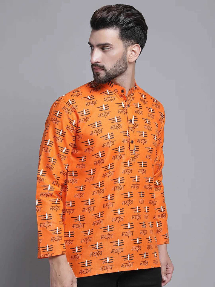 Divine Radiance Orange Mahadev Design Short Kurta for Men