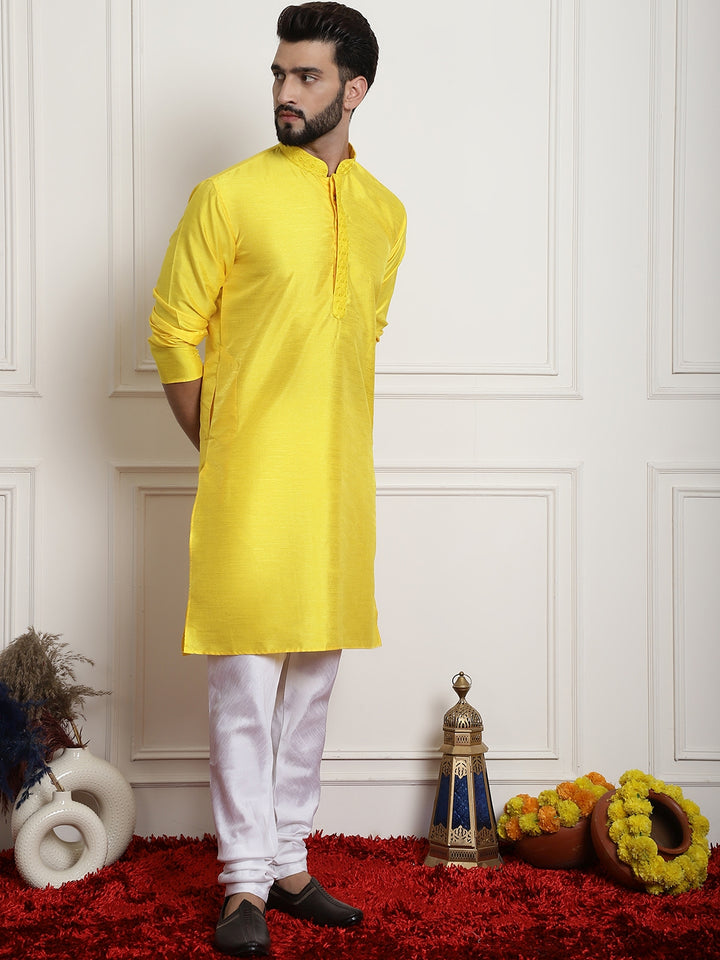 Yellow Solid Embroidered Kurta Churidar Pyjama Set for Men